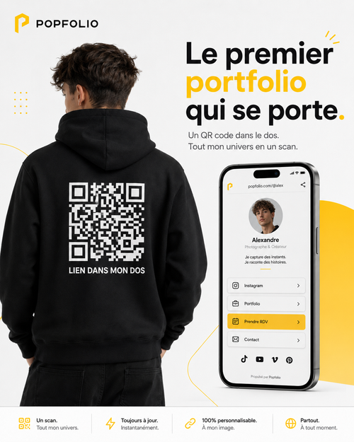 Visuel Popfolio avec pull QR code et profil mobile